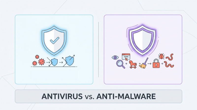Comparison infographic between antivirus and anti malware security tools