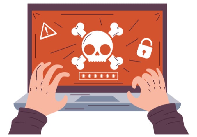 Computer screen with malware warning and skull symbol