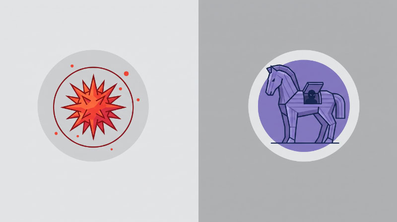 Computer virus icon next to Trojan horse icon