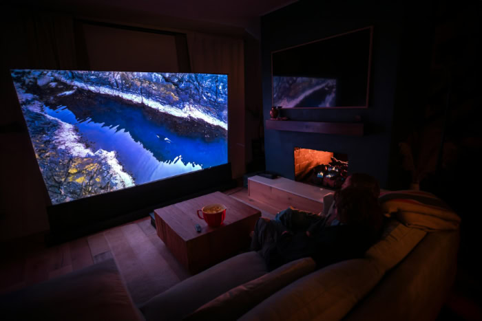 Couple watching nature documentary on large home theater screen