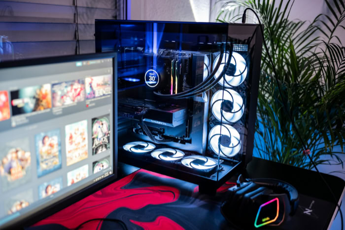 Custom gaming PC with glowing RGB cooling fans