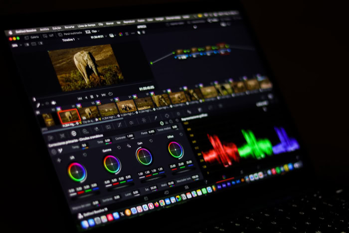 DaVinci Resolve color grading interface on MacBook