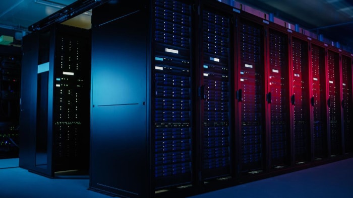 Data center with multiple rows of server racks