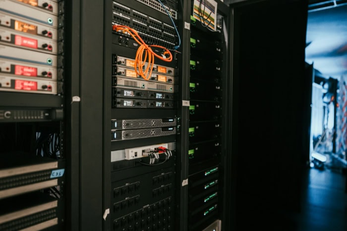 Data servers with cables in a server room