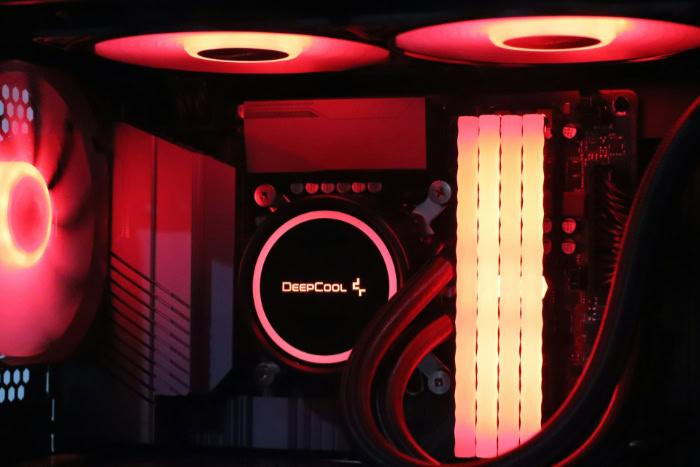 DeepCool AIO cooler with RGB RAM inside gaming PC