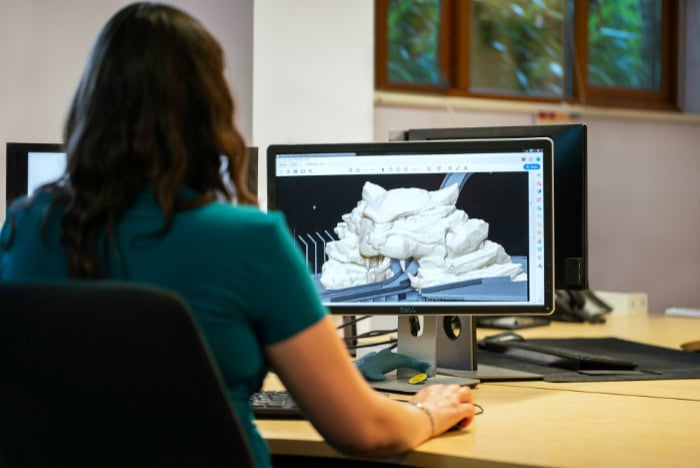 Designer working on 3D model using flat monitor display