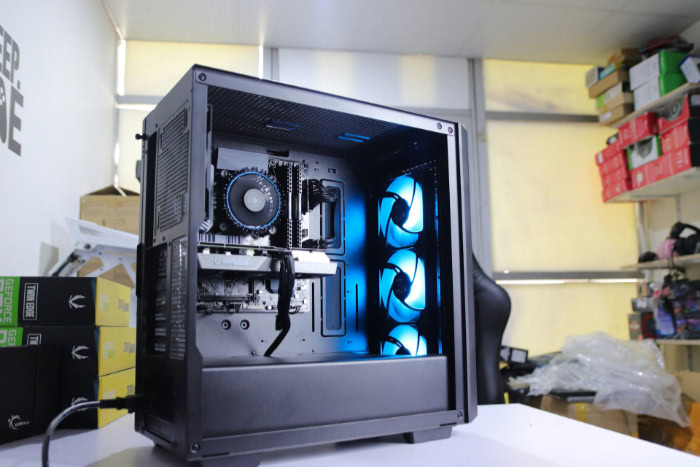 Desktop PC case interior with blue LED fans