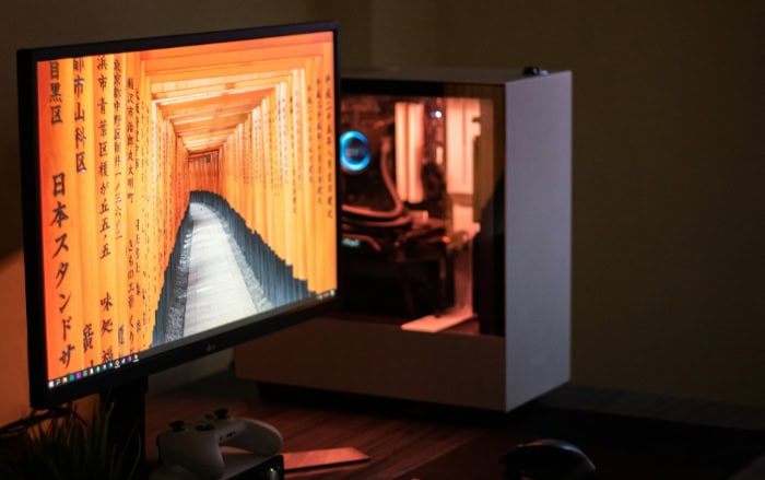 Desktop PC setup with custom case and monitor