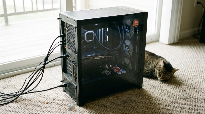 Desktop gaming PC tower next to sleeping cat