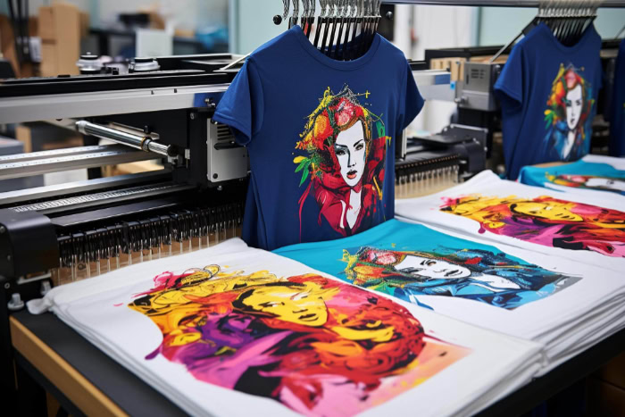 Direct to film printer creating colorful T shirt designs