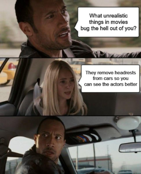 Dwayne Johnson meme about removed headrests in movie cars