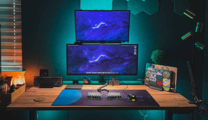 Dynamic gaming station with dual monitors and LED accents