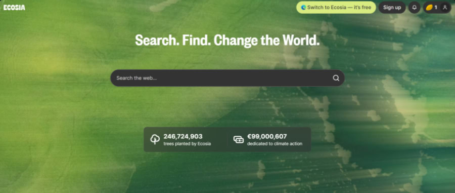 Ecosia search engine homepage featuring tree planting statistics