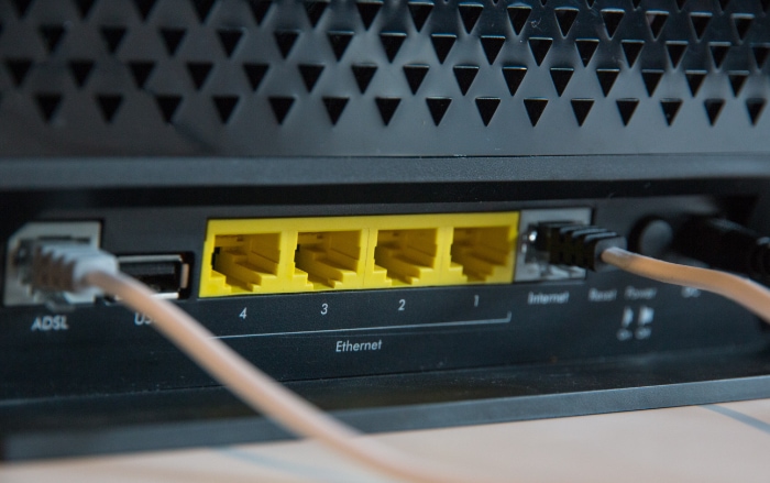Close up of ethernet port on black router