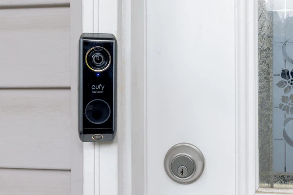 Eufy smart video doorbell mounted near front door