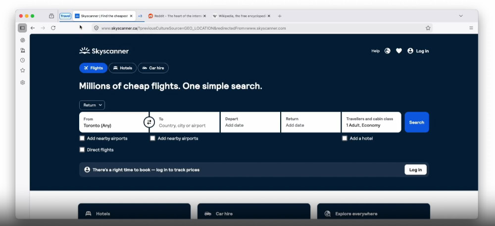 Firefox browser displaying Skyscanner flight search page