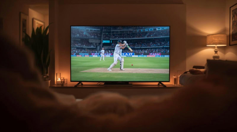 Flat screen television displaying a live cricket match