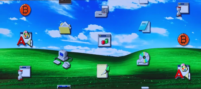 Floating retro Windows XP icons over Bliss wallpaper