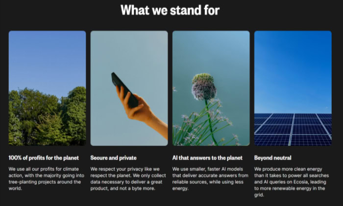 Four panels illustrating Ecosia mission and environmental values