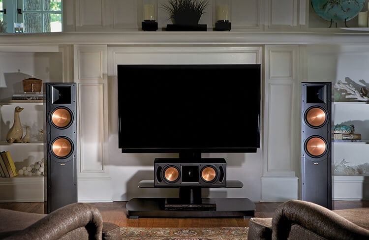 Black Klipsch RF-82 II with tv on living room