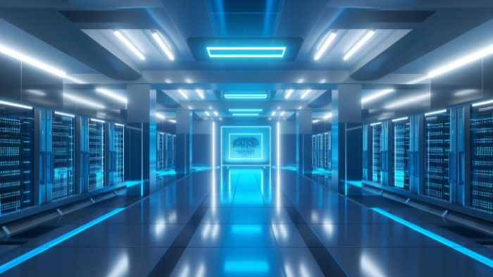 Futuristic data center hallway with glowing server racks