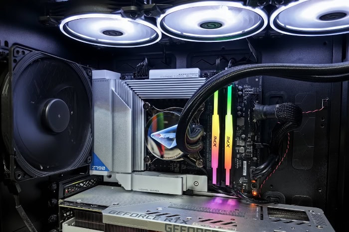 Gaming PC build with RGB RAM RTX GPU and white fans