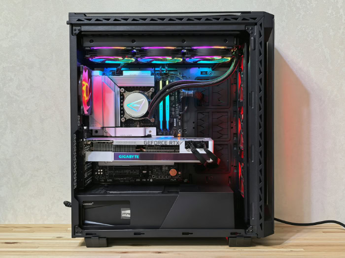 Gaming PC build with RGB fans and graphics card
