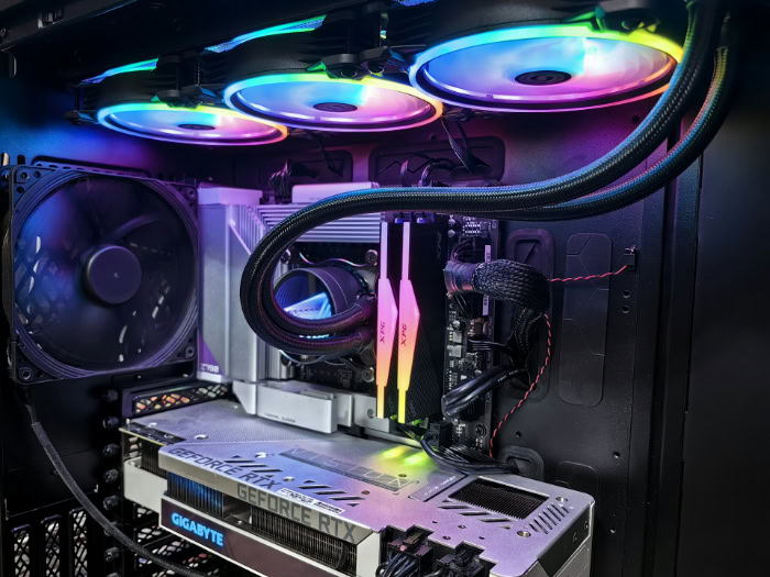 Gaming PC interior with active RGB liquid cooling