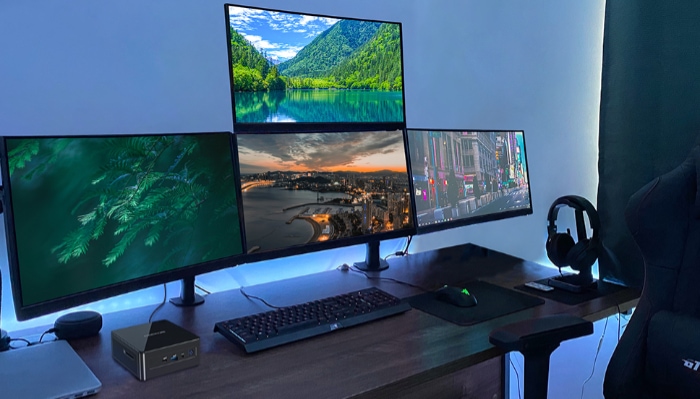 Gaming PC setup with quad monitors 4