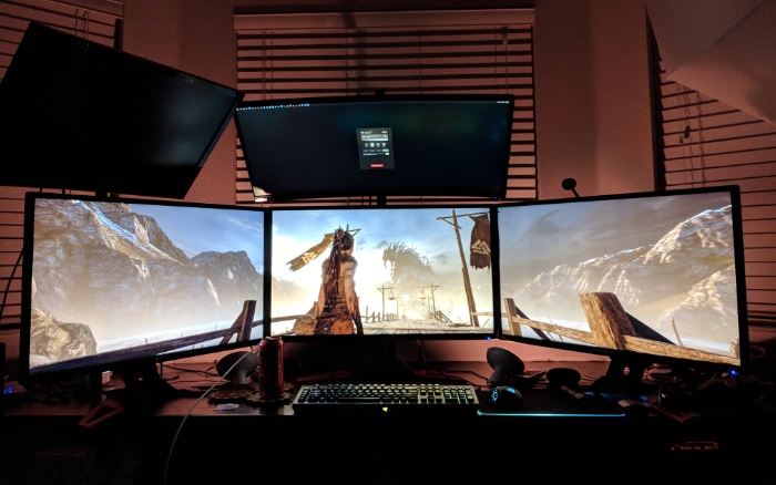 Gaming PC setup with quad monitors