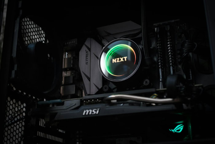 Gaming desktop PC interior with NZXT liquid cooler