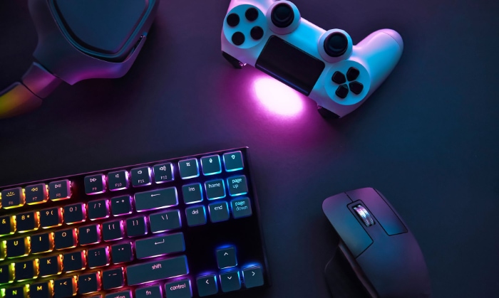 Gaming setup with illuminated RGB keyboard