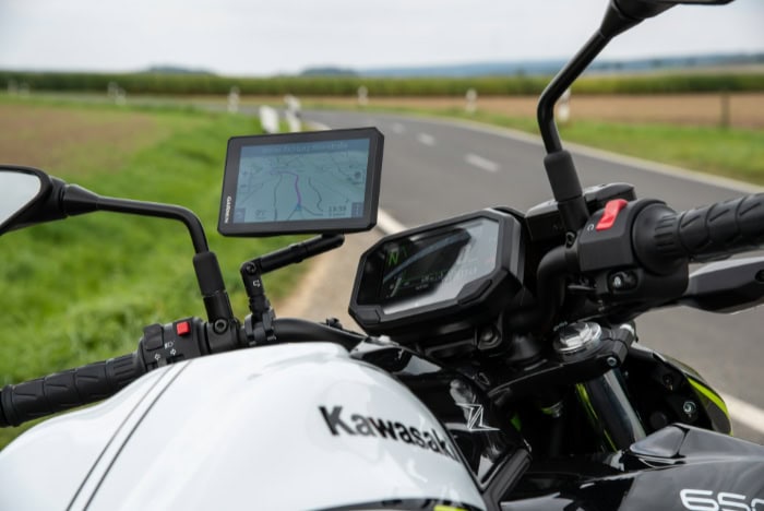 Garmin GPS device mounted on Kawasaki motorcycle