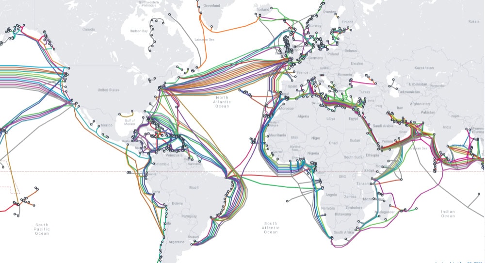 Global submarine cable network map showing undersea internet connections