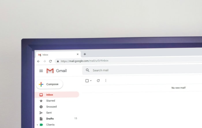 Gmail inbox interface on computer screen showing empty