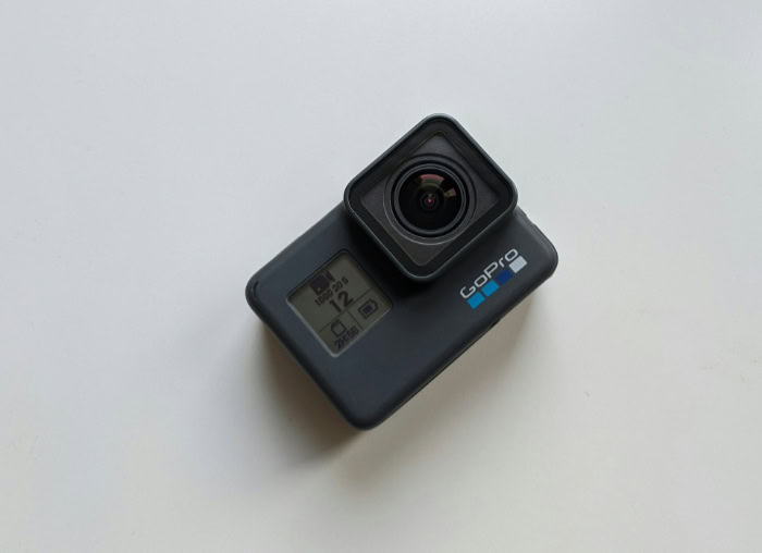 GoPro action camera on plain white background