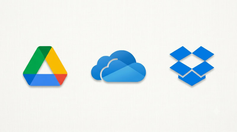 Google Drive OneDrive and Dropbox cloud storage logos