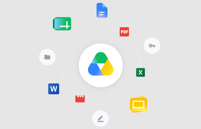 Google Drive logo surrounded by various file icons