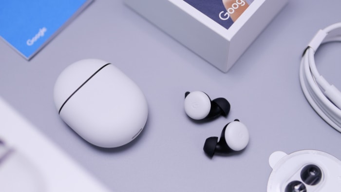 Google Pixel Buds on white surface