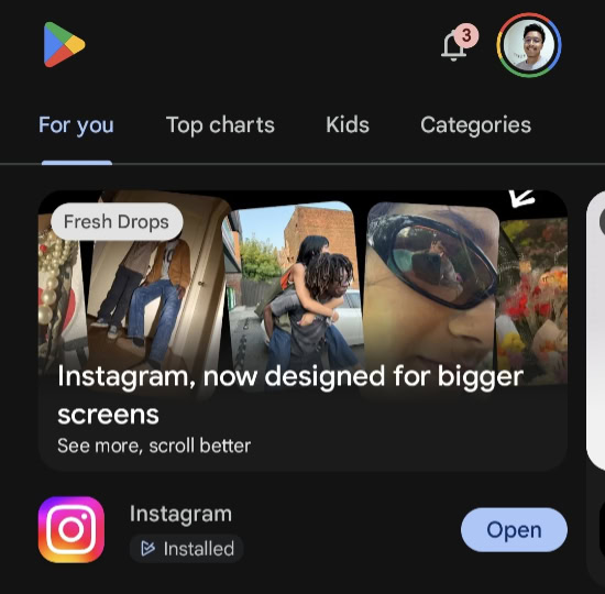 Google Play Store home screen with Instagram promotion