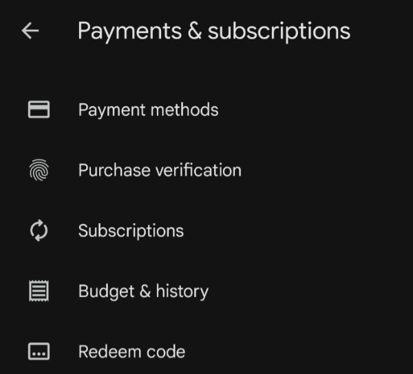Google Play Store payments and subscriptions menu options