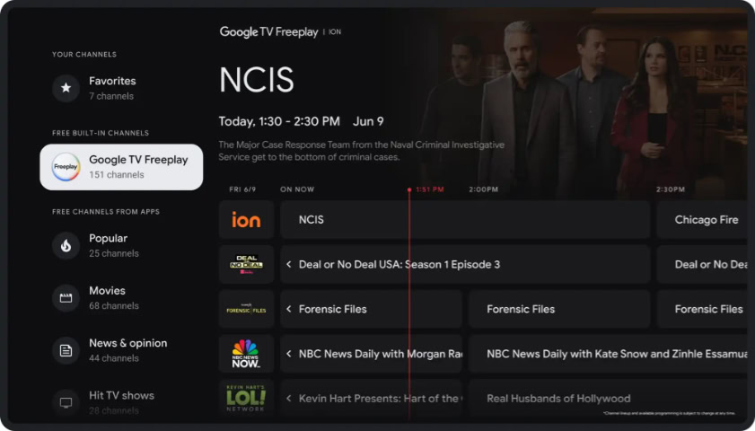 Google TV Freeplay channel guide with NCIS program details