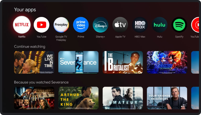Google TV app icons and continue watching movie suggestions