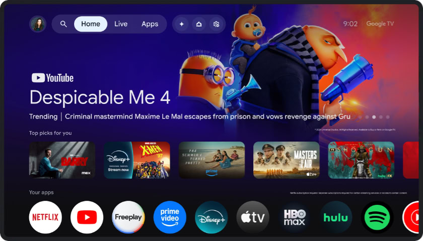 Google TV home interface featuring Despicable Me 4