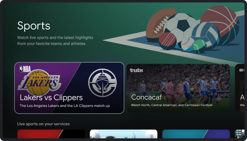 Google TV sports highlights with basketball and soccer games