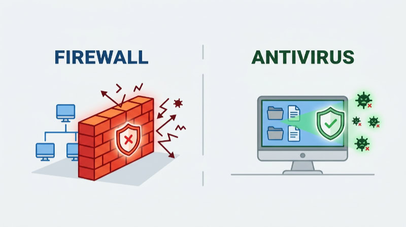 Graphic comparing firewall network security and antivirus protection