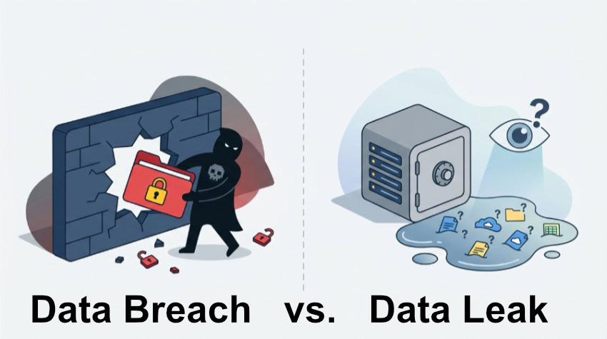 Graphic illustration comparing data breach and data leak