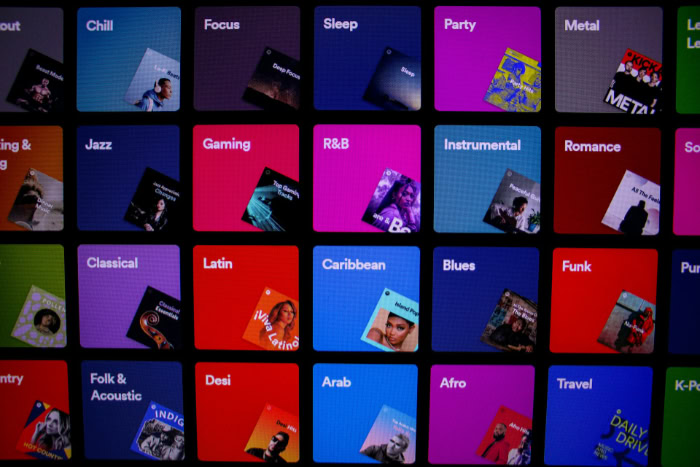 Grid of colorful music genre tiles on Spotify