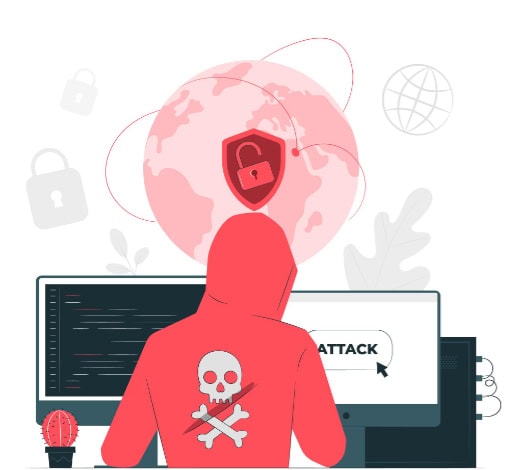 Hacker in a red hoodie launching a cyberattack