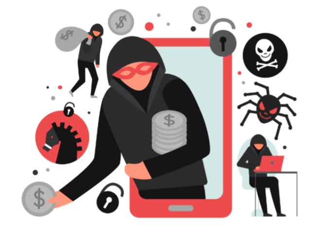 Hacker stealing money with symbols of cybercrime